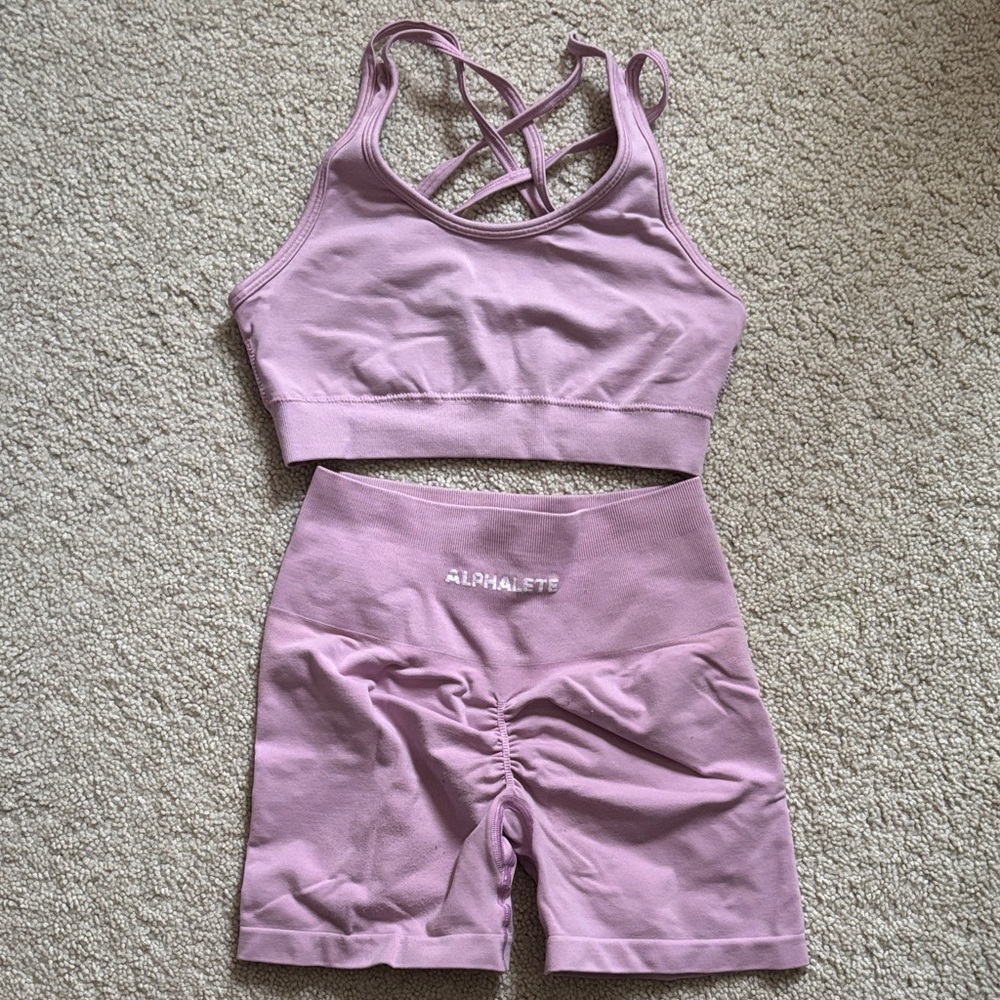 alphalete amplify sports bra and shorts size small pink